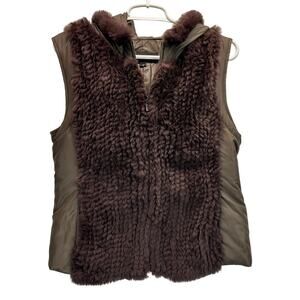 Dana Stein Rabbit Fur Hooded Vest Brown Small Artsy Mob Wife Y2K
